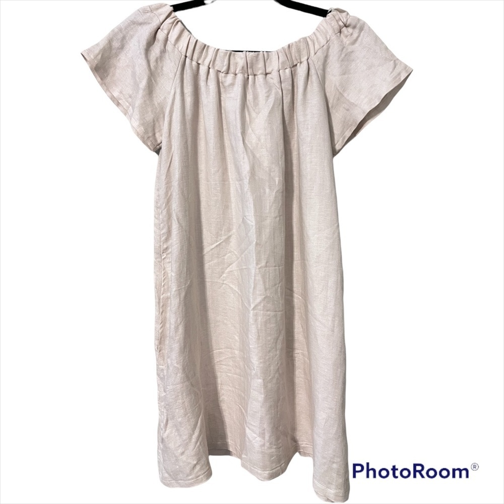 market neutral small womens off shoulder dress linen blend w/pockets not lined